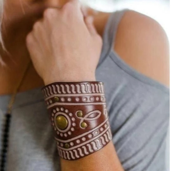 Three Bird Nest Jewelry - Three Bird Nest Mehndi Tooled Leather Bracelet